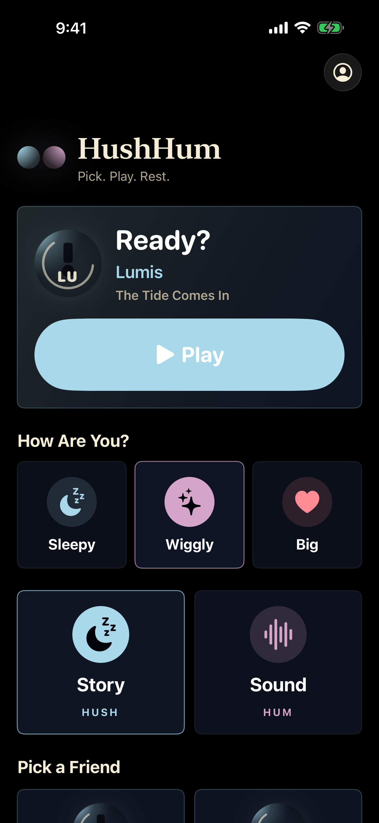 HushHum child home screen with big bedtime buttons