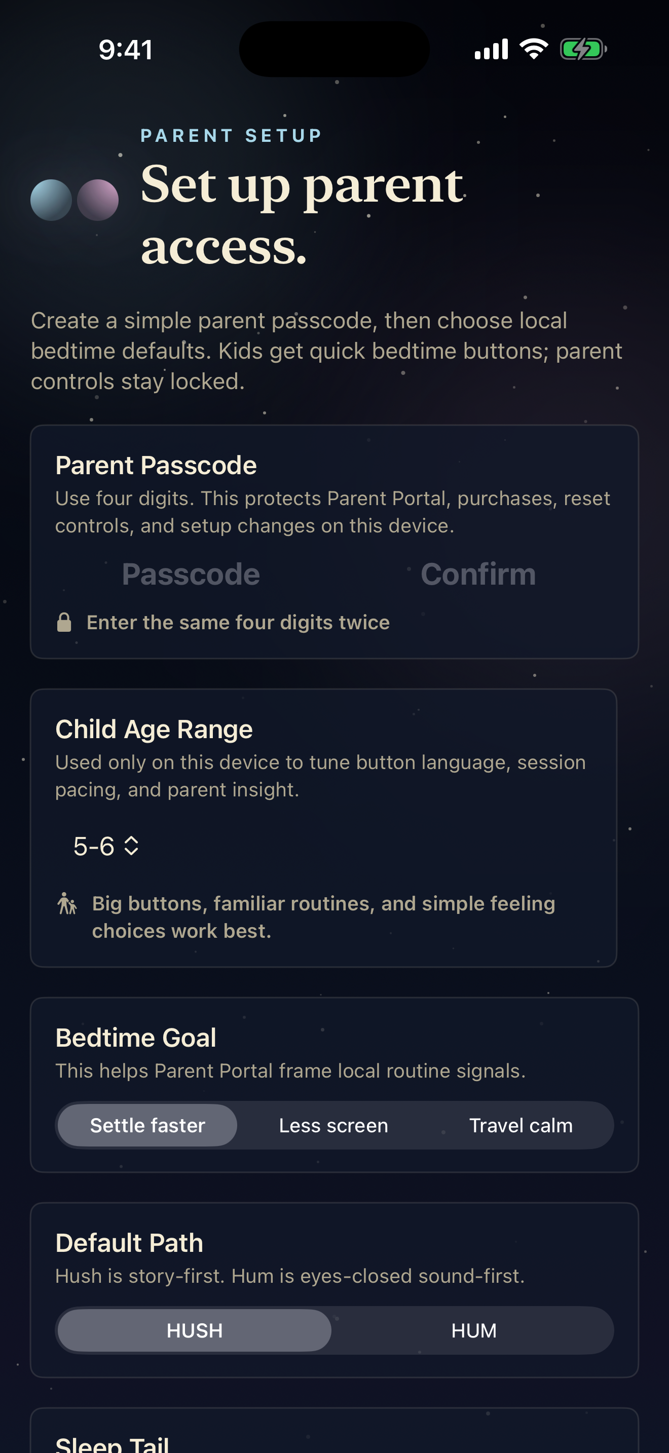 HushHum parent setup screen
